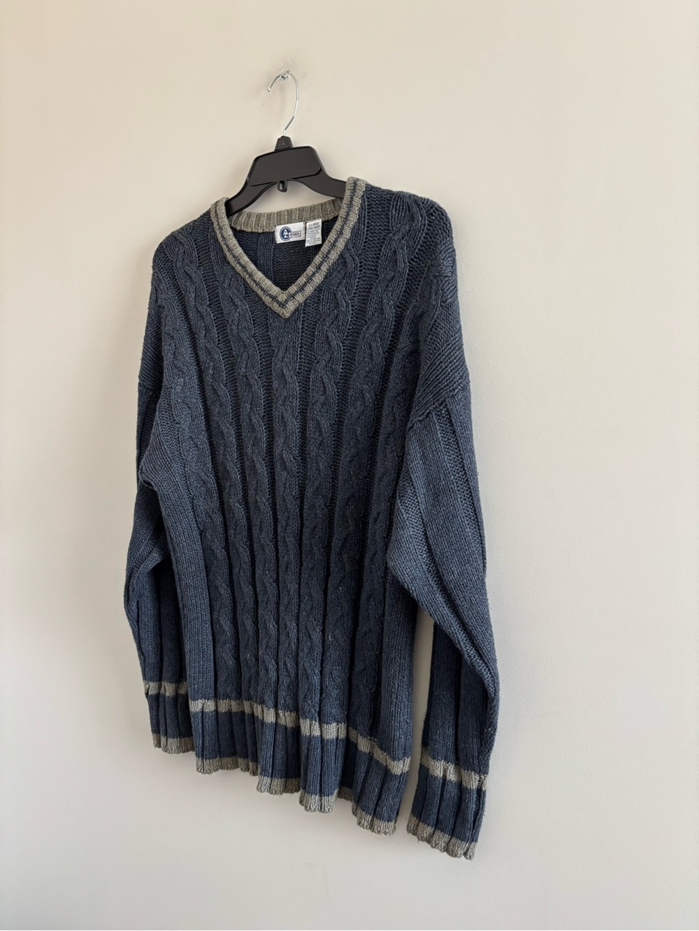 Vintage 90s Arizona Cable Knit Sweater Blue V-Neck Wool Mens XL Preppy Fisherman - Picture 4 of 7